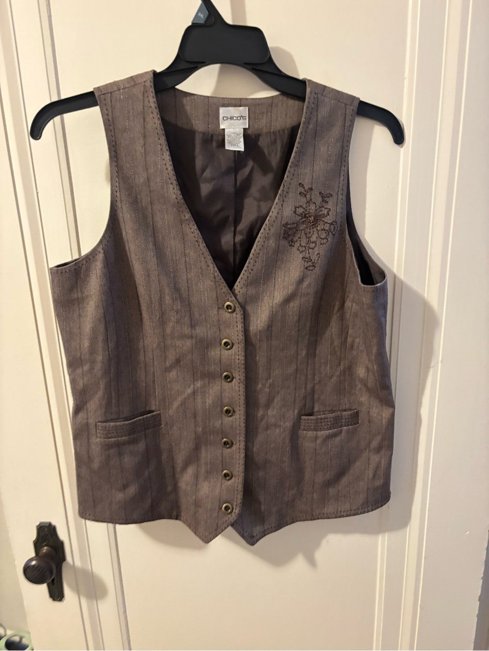 Chico's size 2 Brown Pinstripe Embroidered Waistcoat
